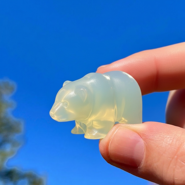 The small opalite bear held between two fingers against a blue sky