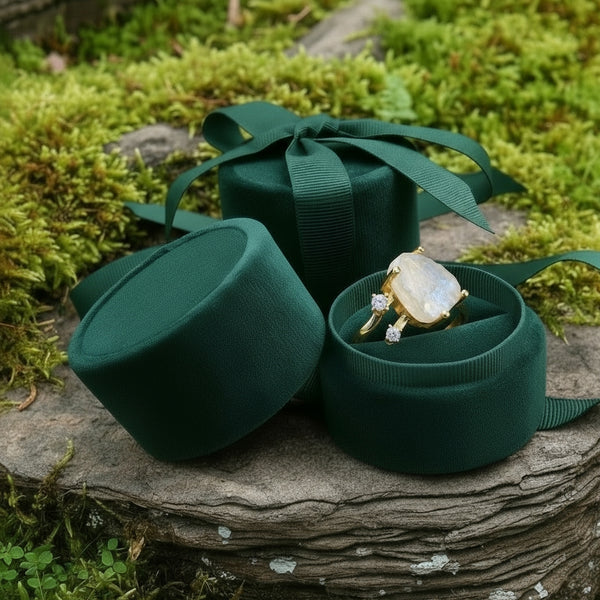 The moonstone and gold ring nestled in an open round green velvet ring box beside its lid and ribbon on a mossy stone
