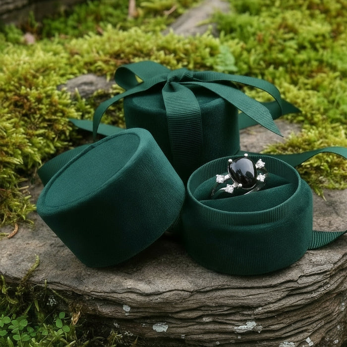 The black onyx ring nestled in an open round green velvet jewelry box on a mossy stone