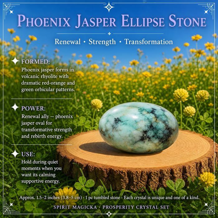 A smooth phoenix jasper ellipse stone with soft aqua and dark veined patterning on a wood slice