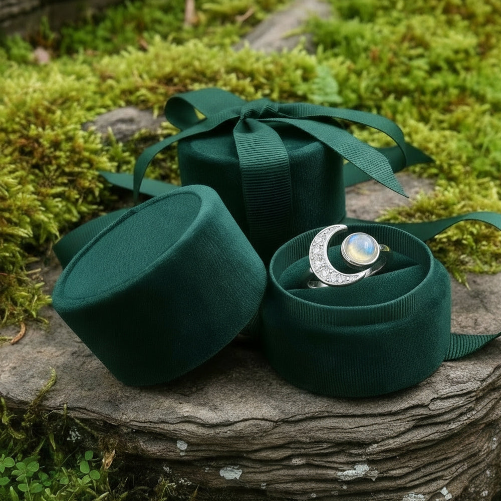 The lunar ring nestled in an open round green velvet ring box beside its lid and ribbon on a mossy stone