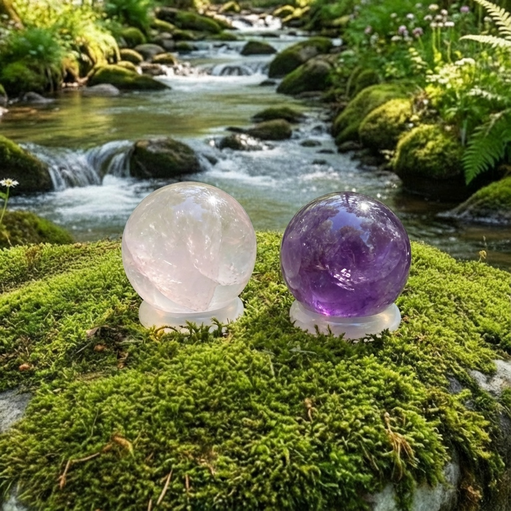 A rose quartz sphere and an amethyst sphere each resting on a pale agate ring on moss beside a stream