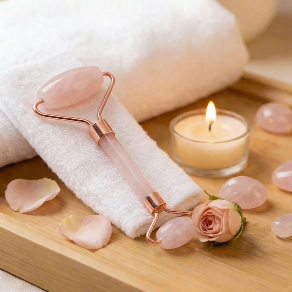 A dual-ended rose quartz facial roller with a rose gold frame resting on a white towel beside a candle and rose petals