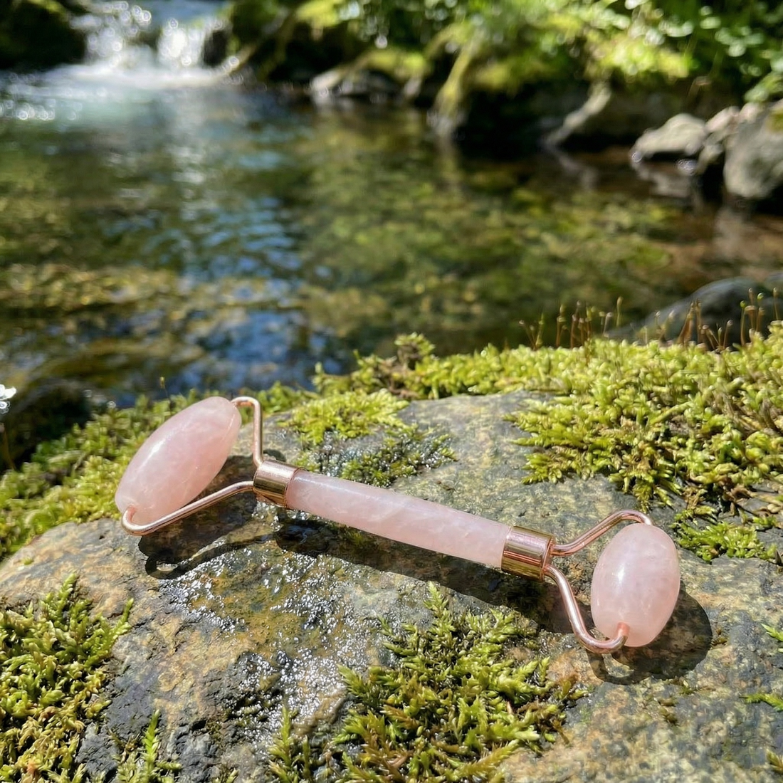 A rose quartz beauty massage roller with a large and a small roller and a rose-gold frame, resting on a mossy rock beside a stream