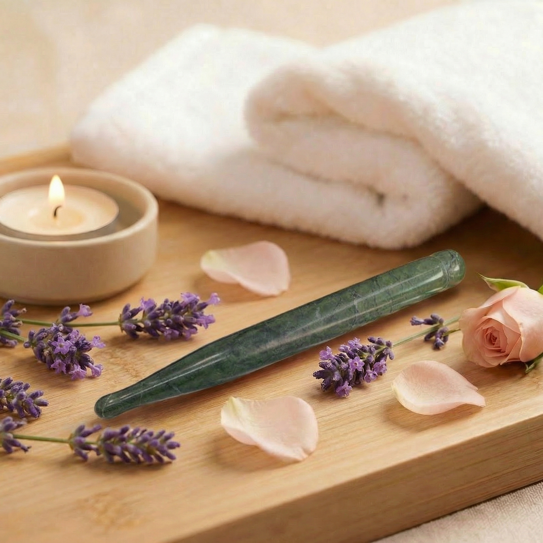 The green nephrite jade acupressure wand resting on a bamboo tray beside a towel, lavender, rose petals and a candle