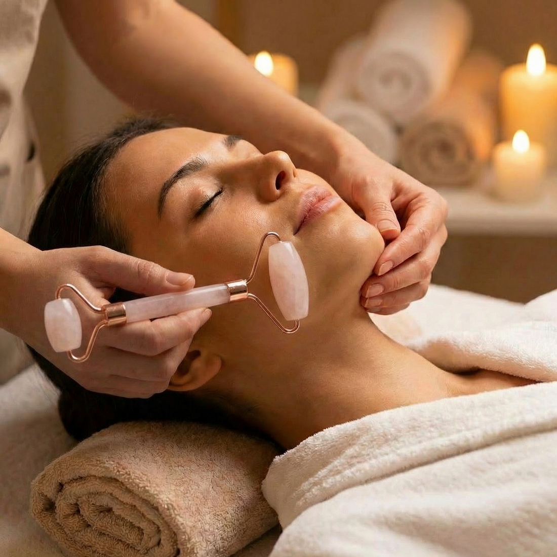 A rose quartz facial roller gliding along the cheek of a relaxed woman during a candlelit facial