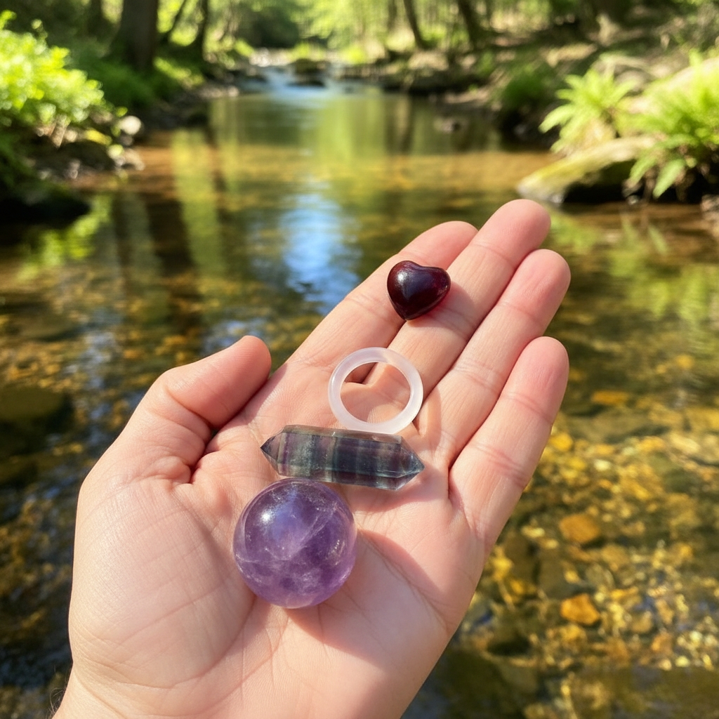 An amethyst sphere, a banded rainbow fluorite double point, a pink agate ring and a small fluorite heart together in one open palm by a stream