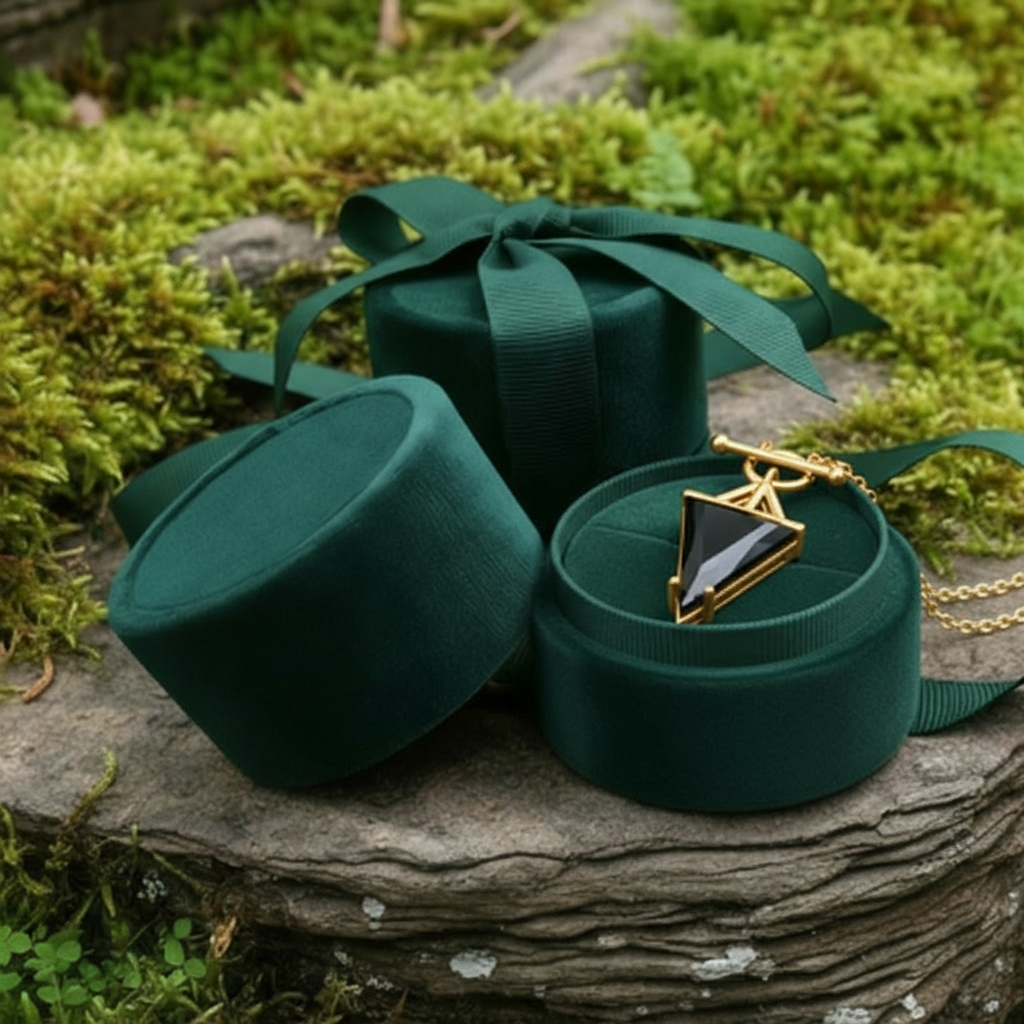 The necklace in its round green velvet jewelry box