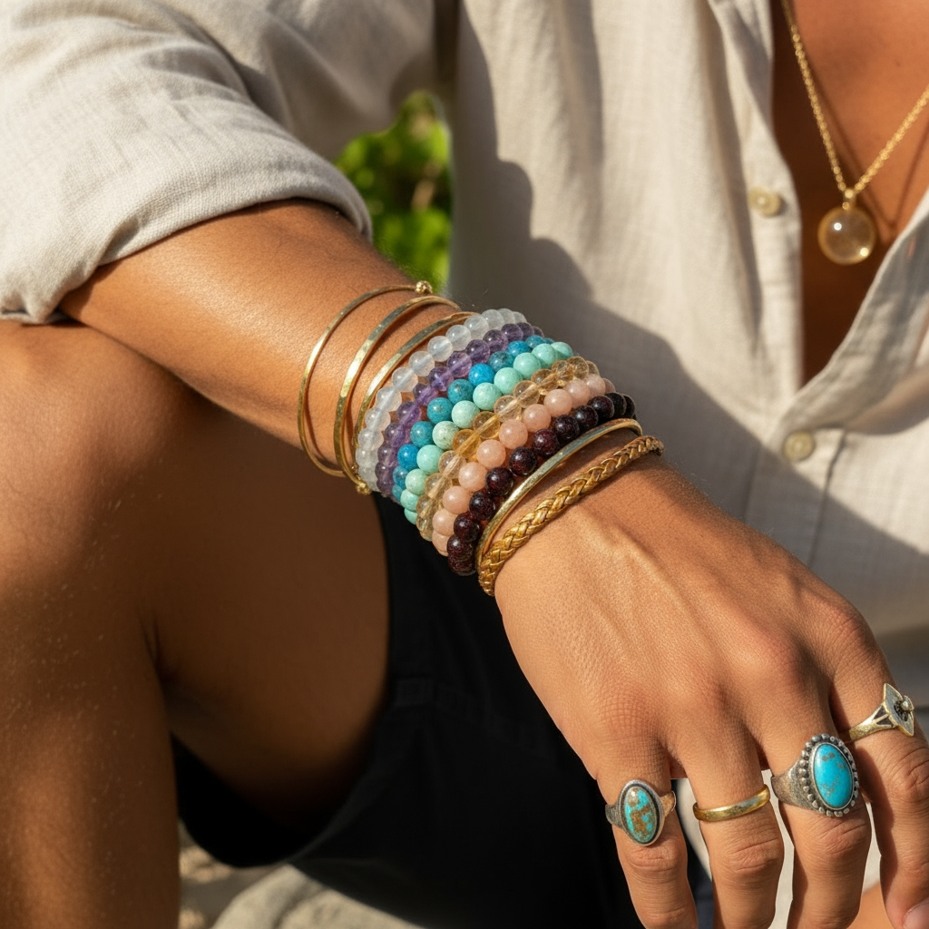 The chakra bracelets stacked on one wrist between gold bangles, worn with rings and a crystal pendant