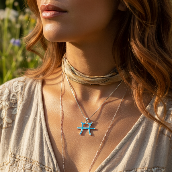 The Pisces opal pendant worn at the collarbone in warm sunlight, with a scarf choker and a second fine chain