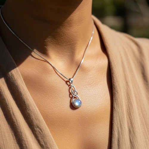 The moonstone infinity knot pendant worn just below the collarbone on a fine silver box chain, in bright sunlight