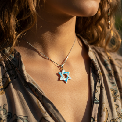 The opal Star of David pendant worn just below the collarbone in warm sunlight
