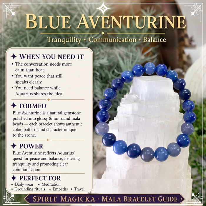 Blue aventurine bead bracelet in deep blue beads on a selenite block