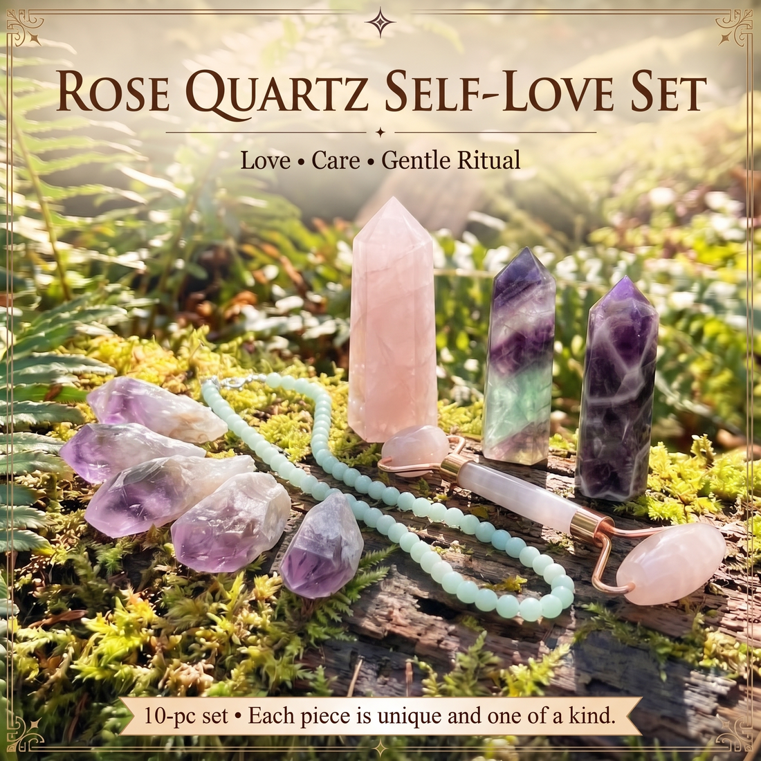 All ten pieces on a mossy log: rose quartz, fluorite and dream amethyst points, a rose quartz roller, a Caribbean jasper necklace and five amethyst shards