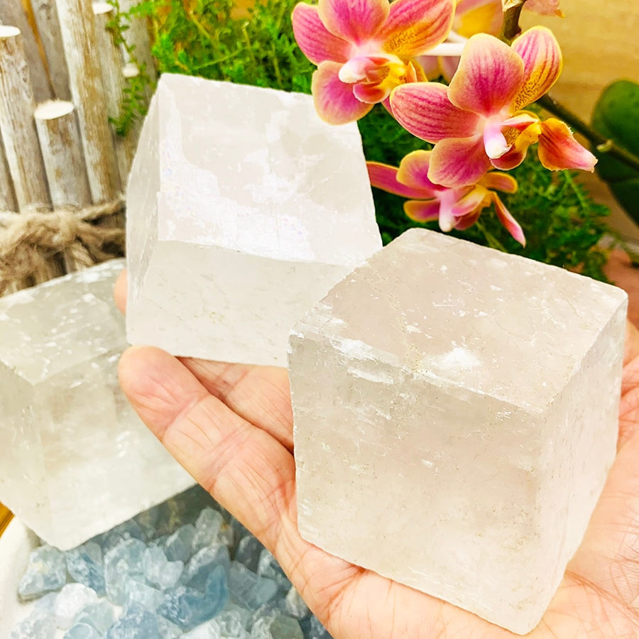 A clear optical calcite chunk resting in an open palm beside other chunks and pink orchids