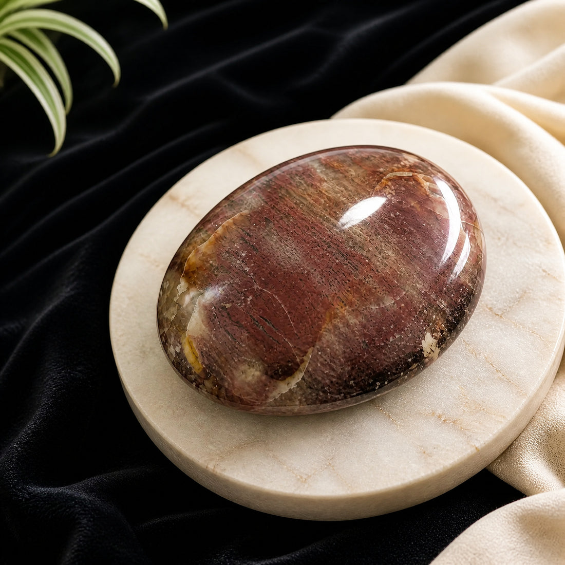 A polished oval petrified wood palmstone with red, rust and cream wood grain on a pale marble dish