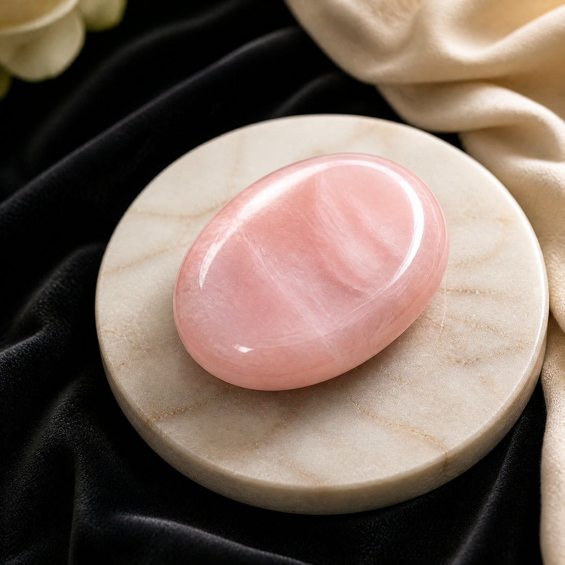 A polished oval pink calcite palmstone in milky blush pink on a cream marble dish