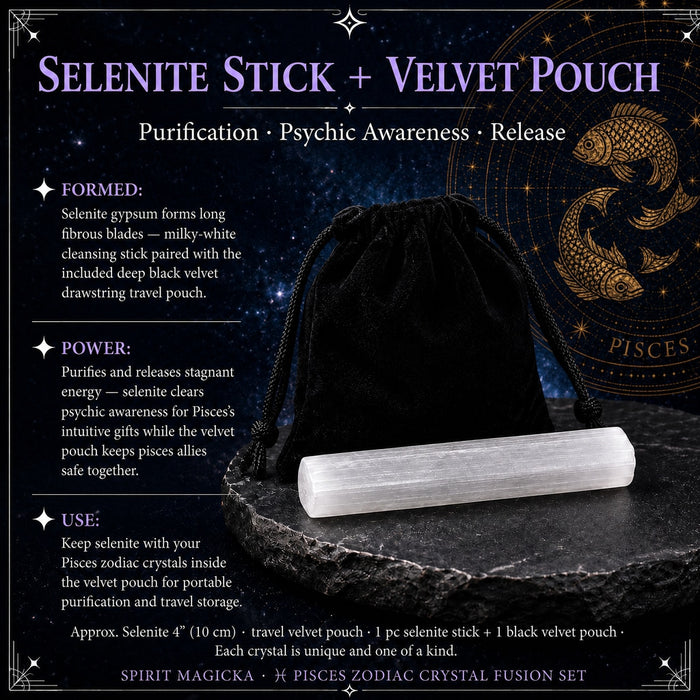 Milky-white selenite stick lying in front of a black velvet drawstring pouch