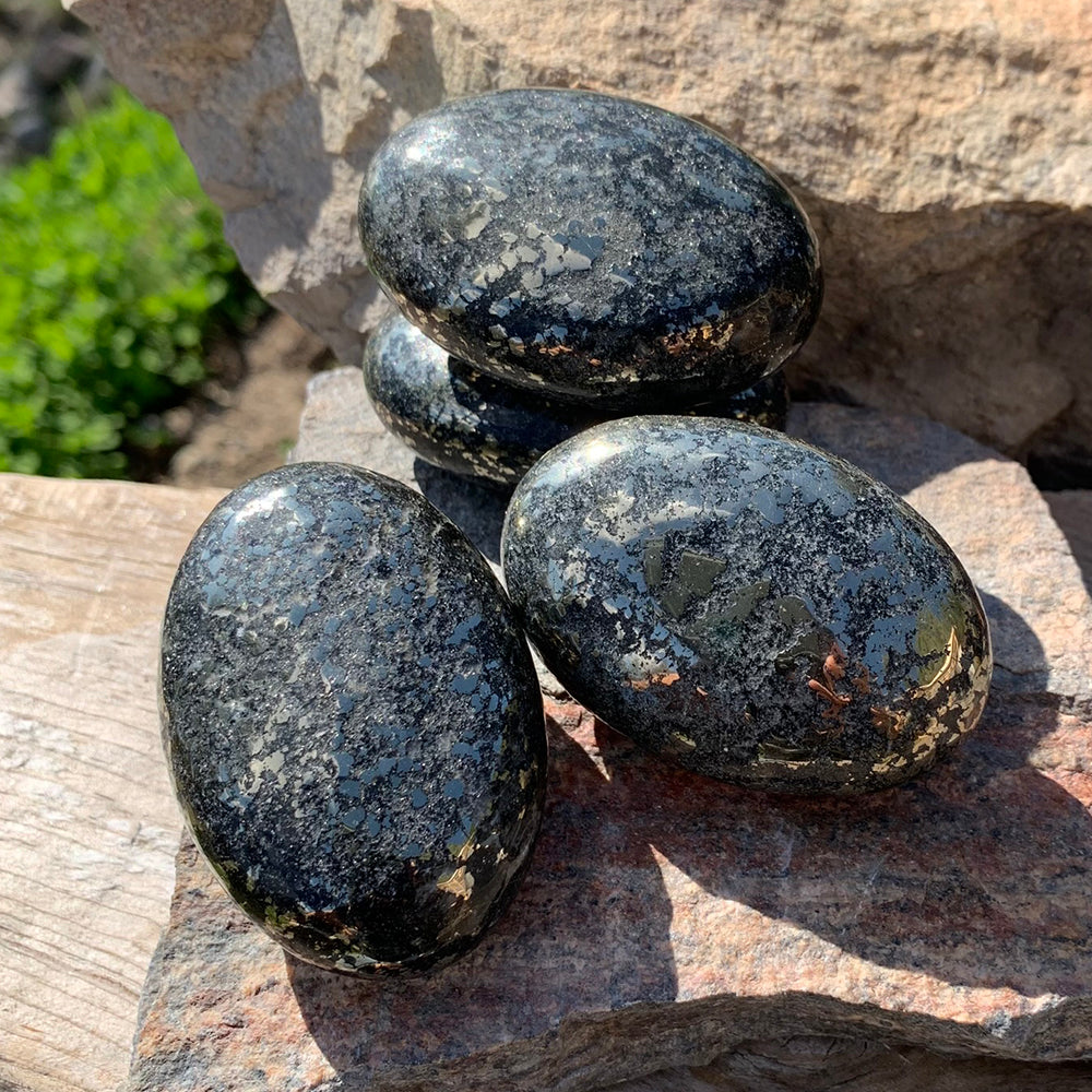 Several pyrite palmstones stacked on a sunlit rock, each with a different pattern of gold