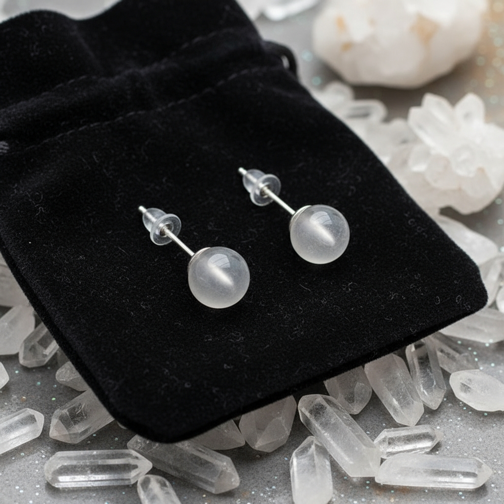 The pair of quartz studs with their posts and clear backs, set on a black velvet drawstring pouch among clear quartz points