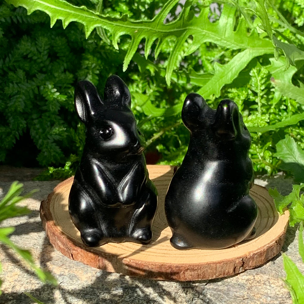 Two black agate rabbit totems on a wooden slice, one facing forward and one turned to show its rounded back