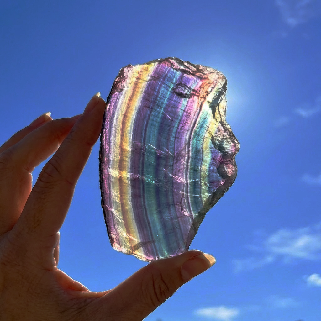 A thin rainbow fluorite slab held up to a blue sky, sunlight glowing through its purple, teal, gold and green bands