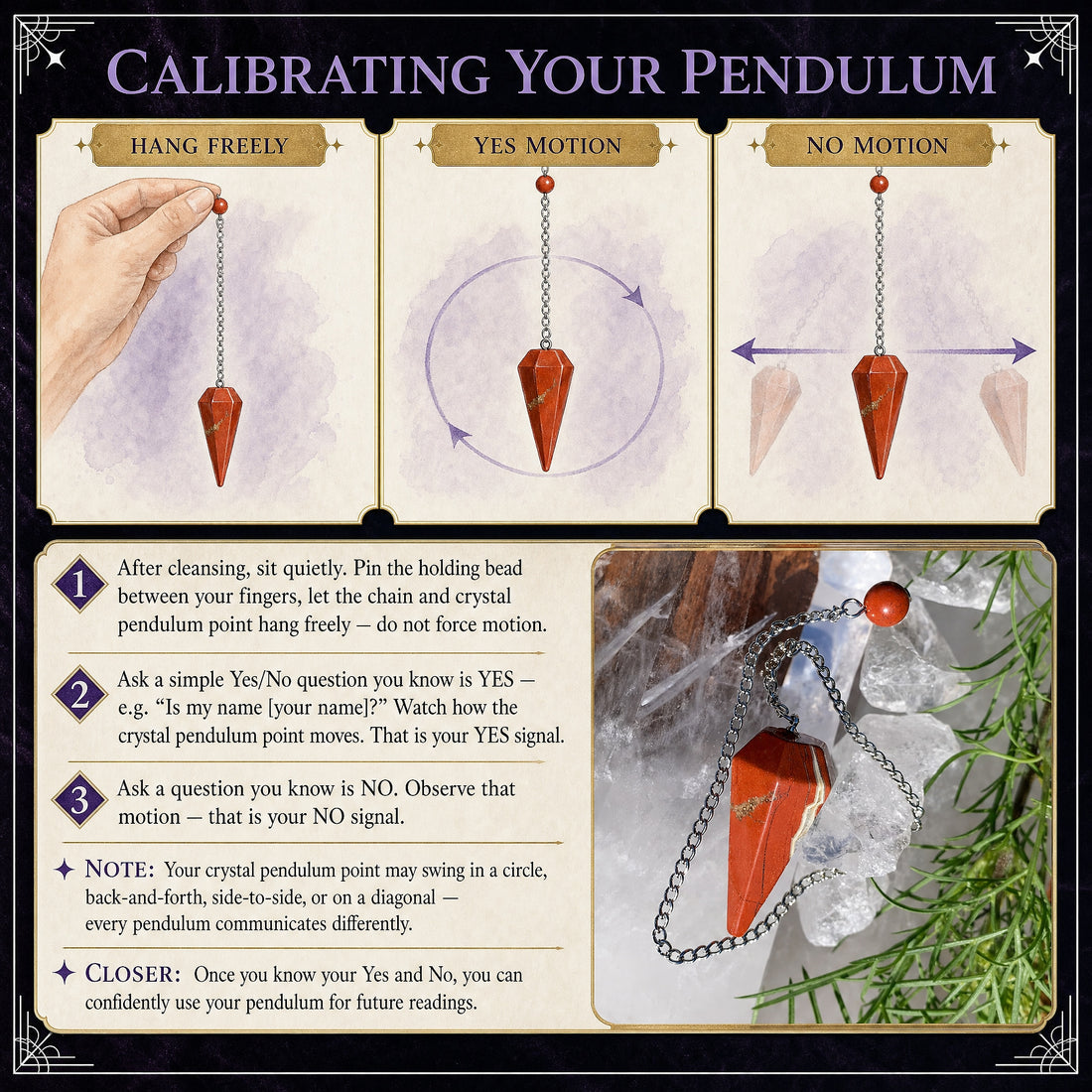 Calibration guide showing the red jasper pendulum hanging freely, a circular yes motion and a side-to-side no motion
