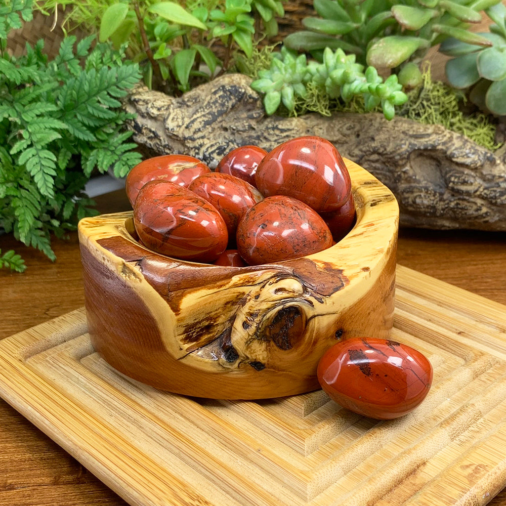 A carved wooden bowl of polished brick-red jasper tumbled stones beside ferns, with one stone resting in front