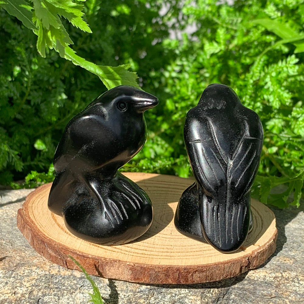 Two black agate raven totems side by side, one showing the front and one the carved wing feathers on its back