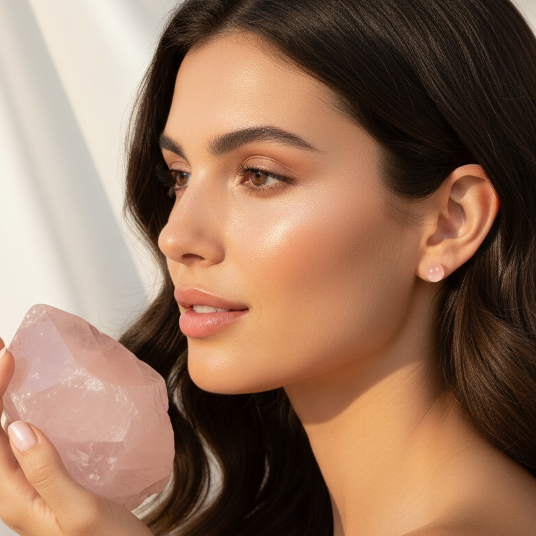 A woman wearing a round rose quartz stud earring, holding a raw rose quartz stone in warm light
