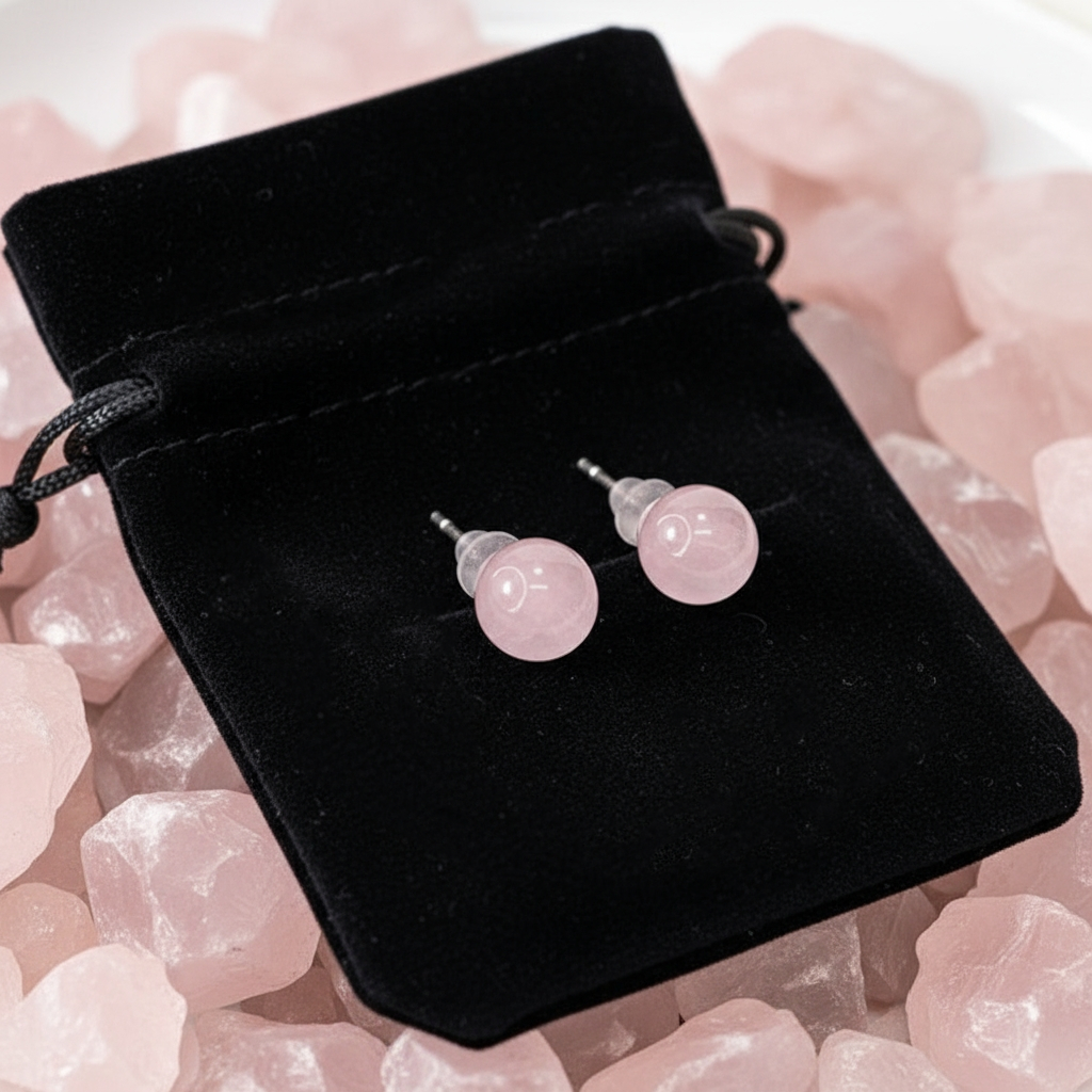 The pair of rose quartz studs with their posts and clear backs, laid on a black velvet drawstring pouch among raw rose quartz