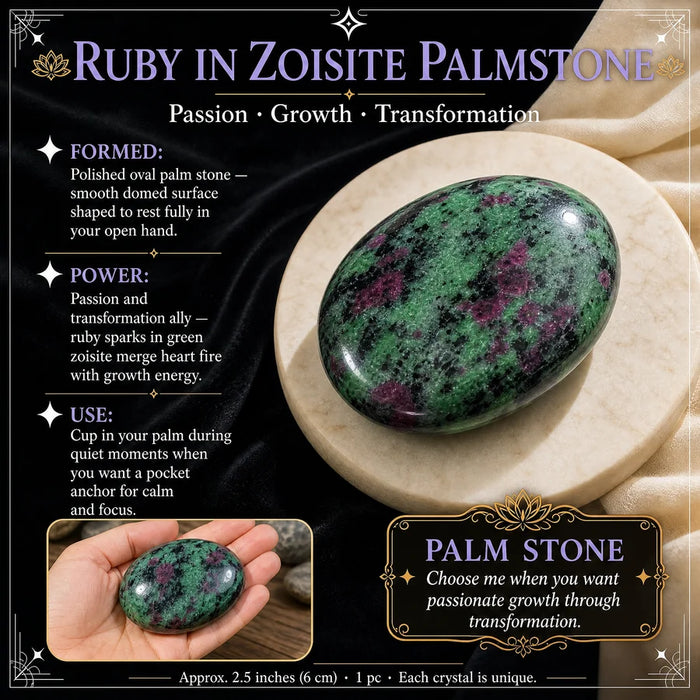 Green and pink ruby in zoisite palmstone on a marble disc
