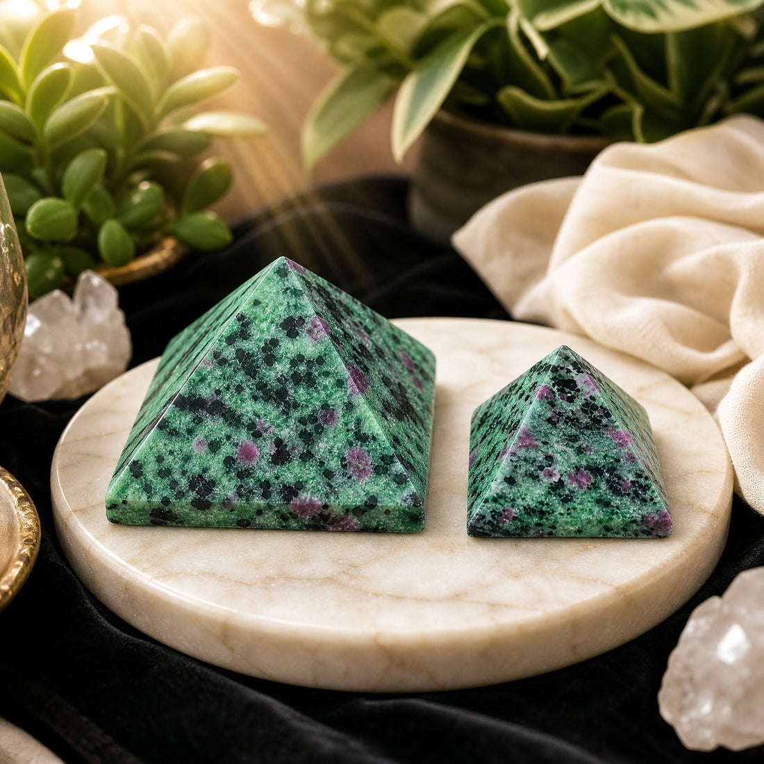 A medium and a small ruby in zoisite pyramid side by side on a marble dish, green stone flecked with black and pink-red ruby