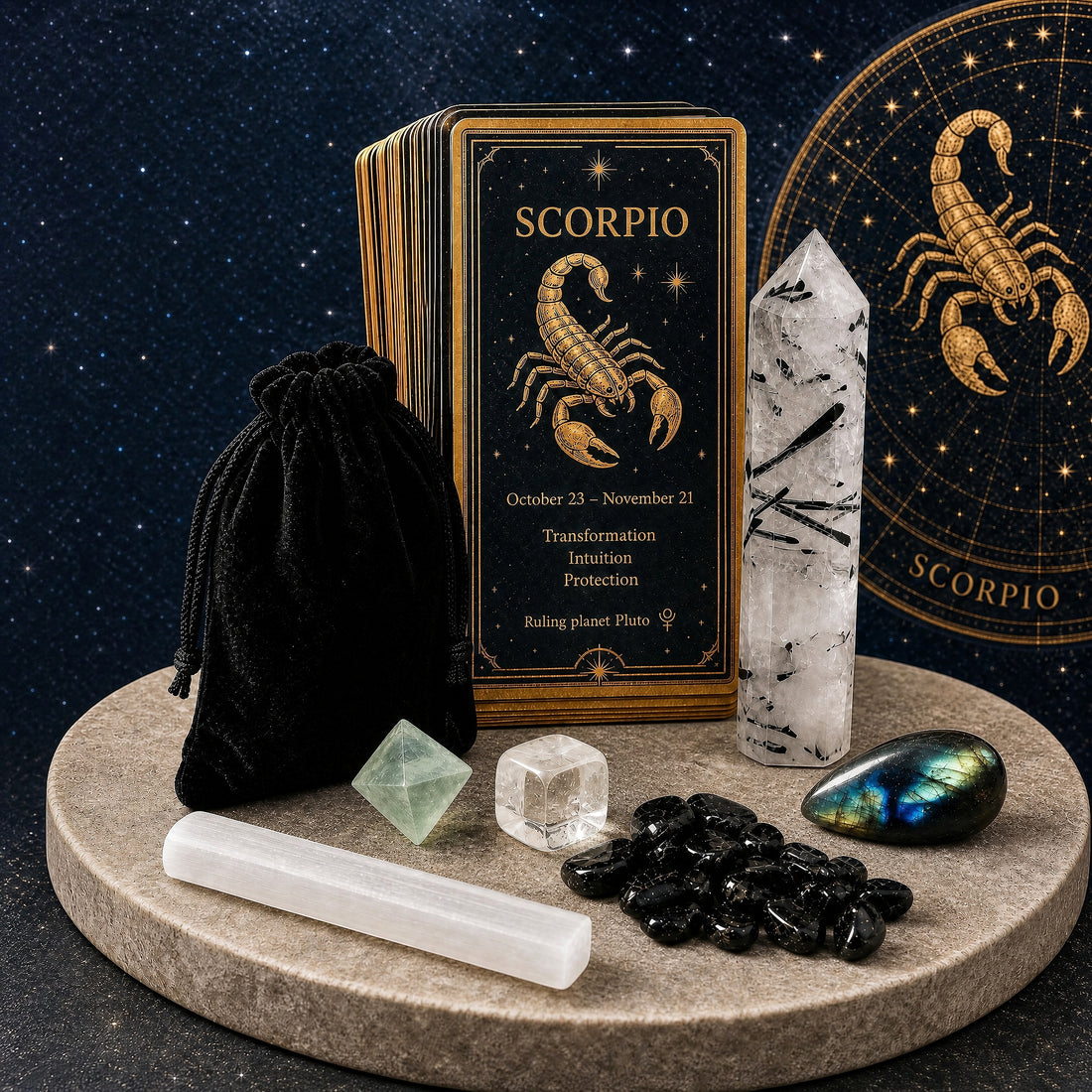 The Scorpio crystal set on a stone dais: tourmalinated quartz point, labradorite cabochon, black tourmaline minis, selenite stick, green fluorite octahedron, clear quartz cube and a black velvet pouch