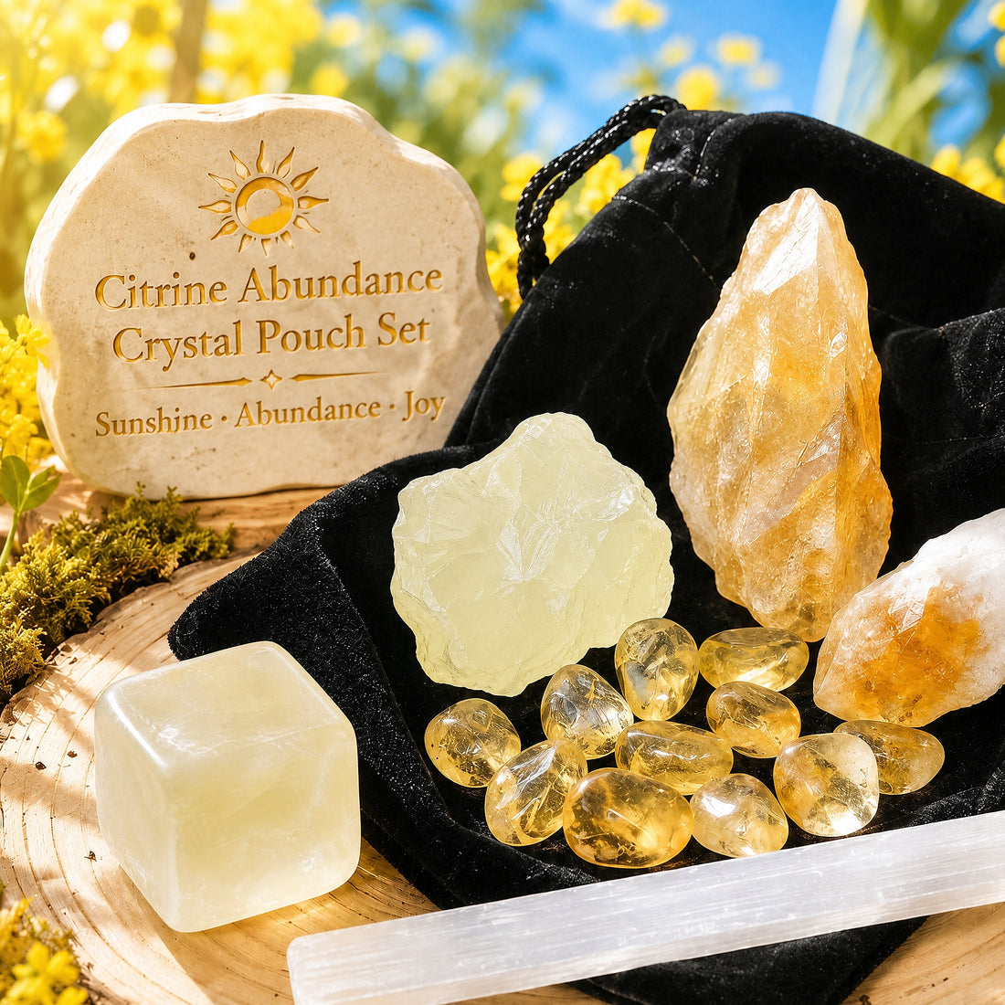 Citrine rough crystals, shards, tumbled mini gemstones, a citrine cube and a selenite stick spread over a black velvet pouch in the sunshine