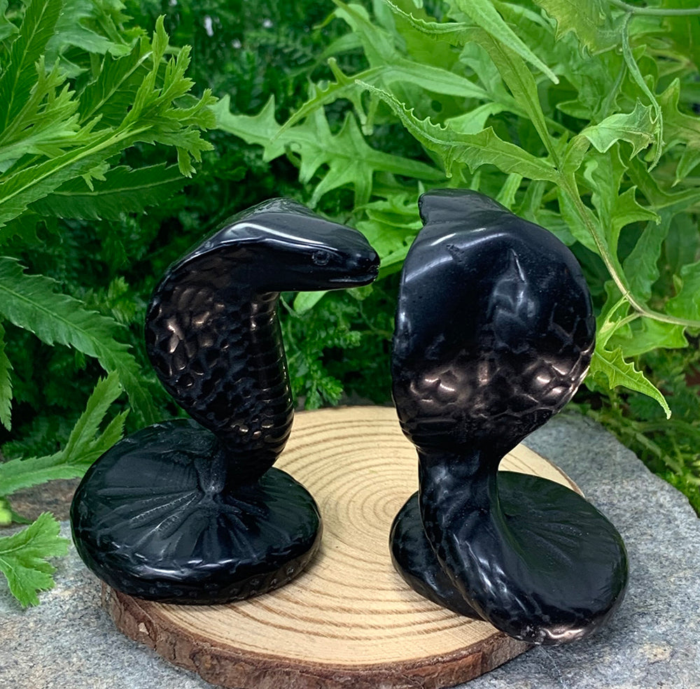 Two black agate cobra totems side by side, one in profile and one from behind showing the carved scales of its hood