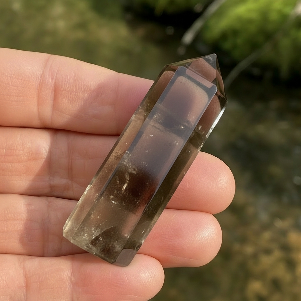 Smoky quartz mini point held across the fingers of one hand