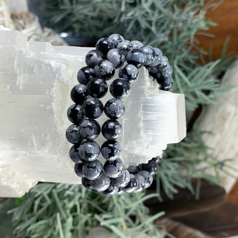 Mala Snowflake Obsidian Bracelet With Velvet Pouch