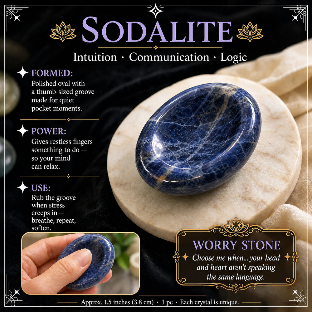 Sodalite worry stone guide card with an inset of a thumb resting in the stone groove