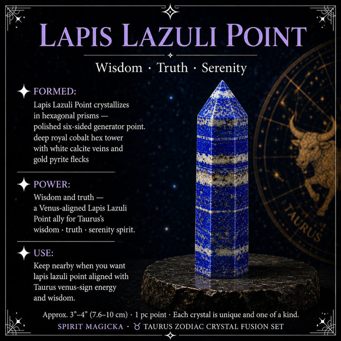 Six-sided lapis lazuli point in deep blue with white calcite bands and gold pyrite flecks