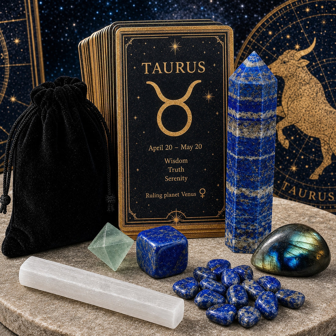 The Taurus crystal set on a stone dais: lapis lazuli point, lapis lazuli cube, twelve lapis lazuli minis, green fluorite octahedron, labradorite cabochon, selenite stick and a black velvet pouch