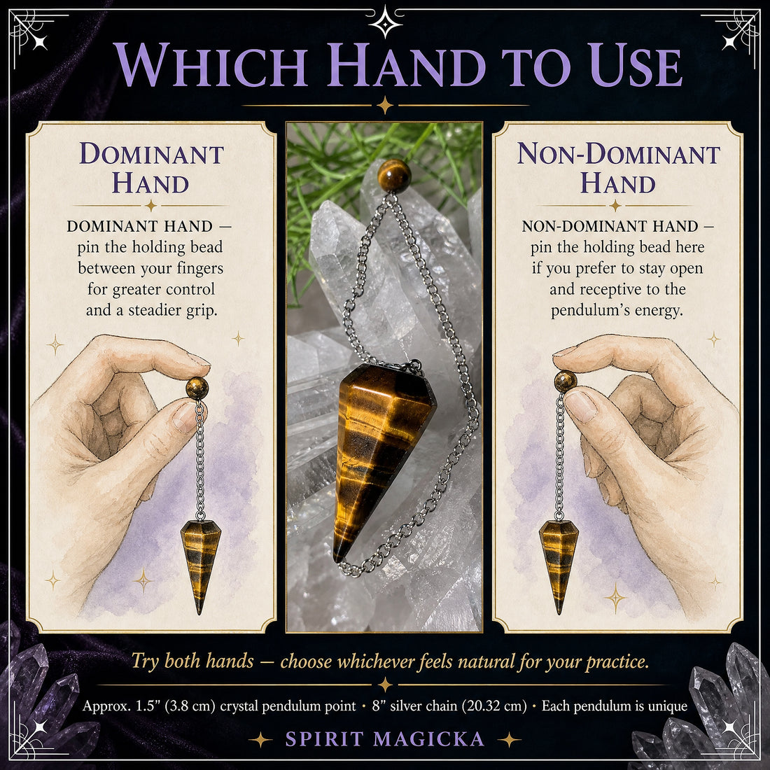 Illustrations of the tiger's eye pendulum held in the dominant and non-dominant hand, beside a photo of it resting on clear quartz