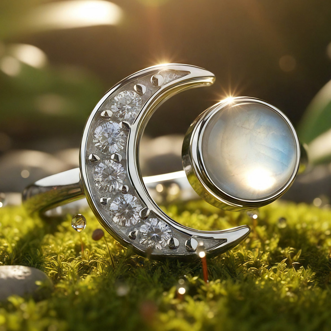 The moonstone and silver lunar ring on moss: a sparkling crescent moon beside a round glowing moonstone