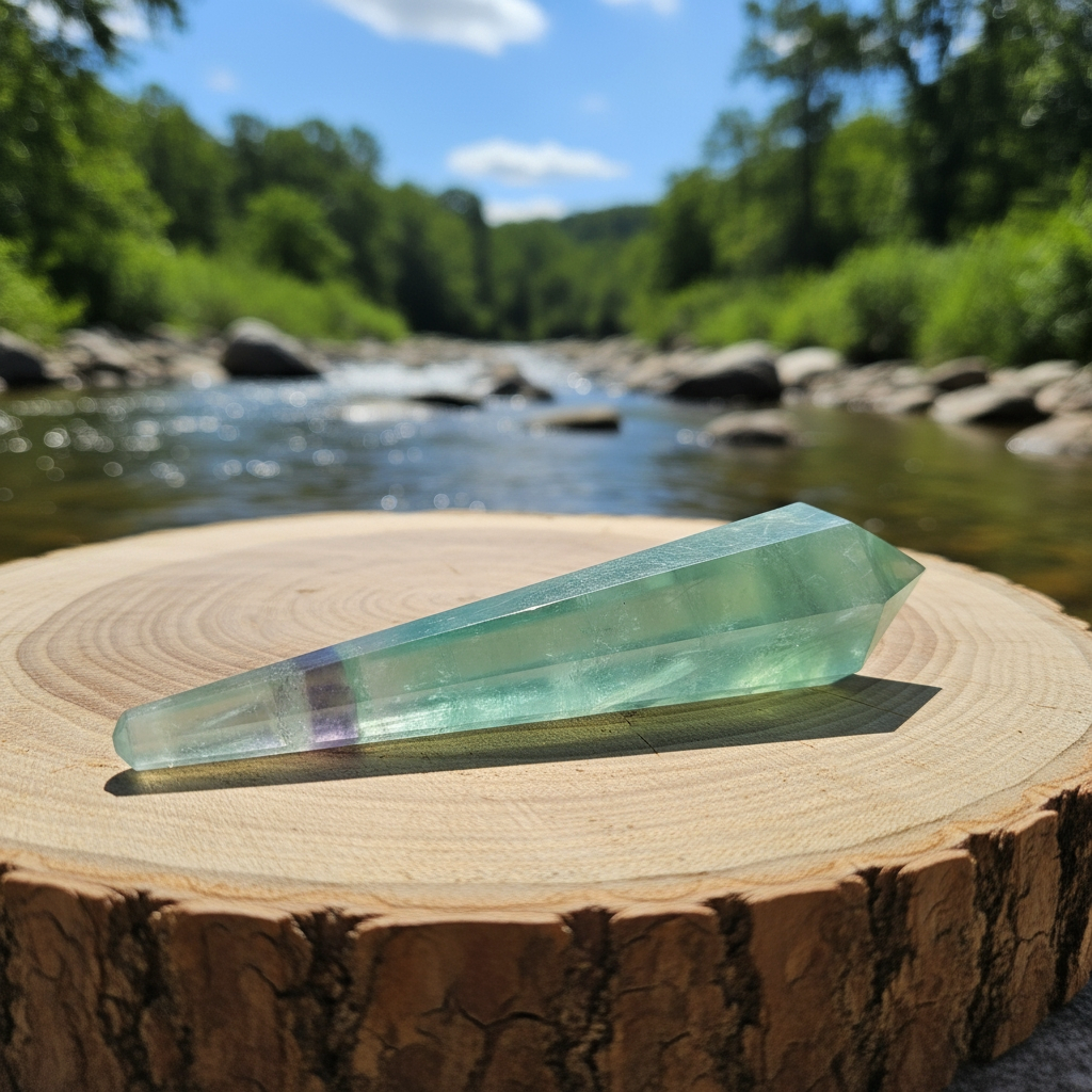 The green fluorite generator lying on a wooden round beside a river, showing its long faceted body tapering to a cut point