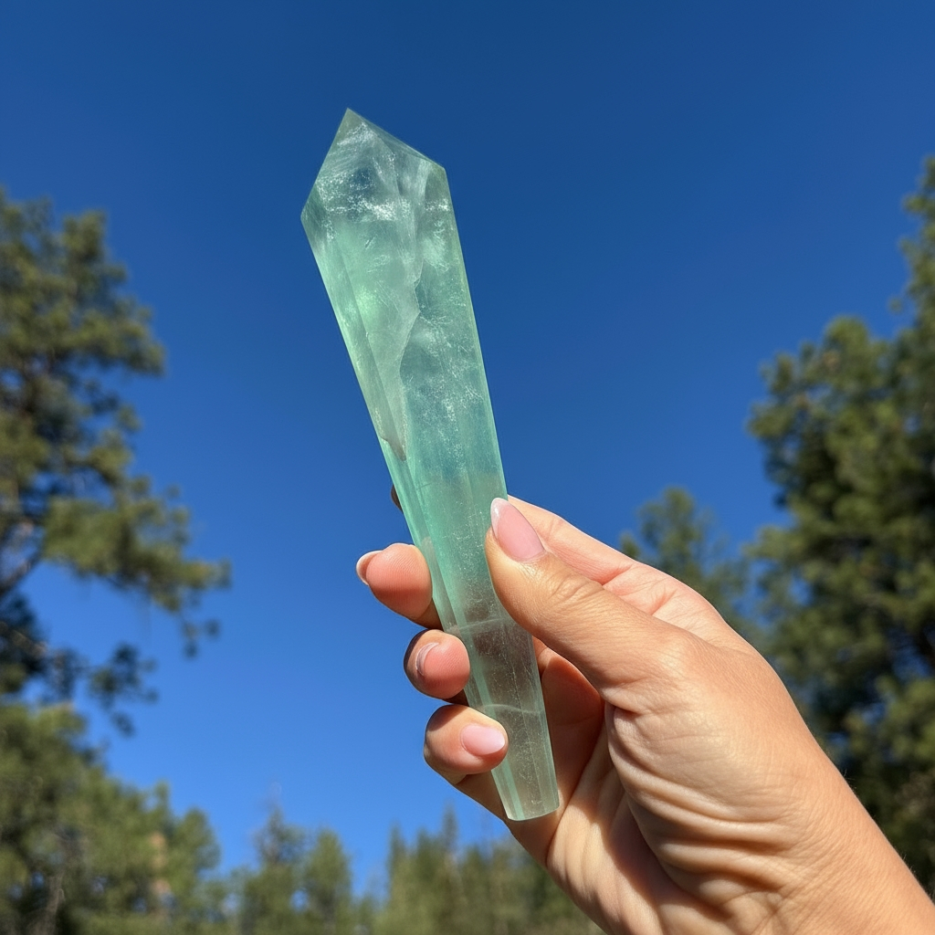 A hand holding the green fluorite generator up to a blue sky, its translucent mint-green body tapering to a faceted point