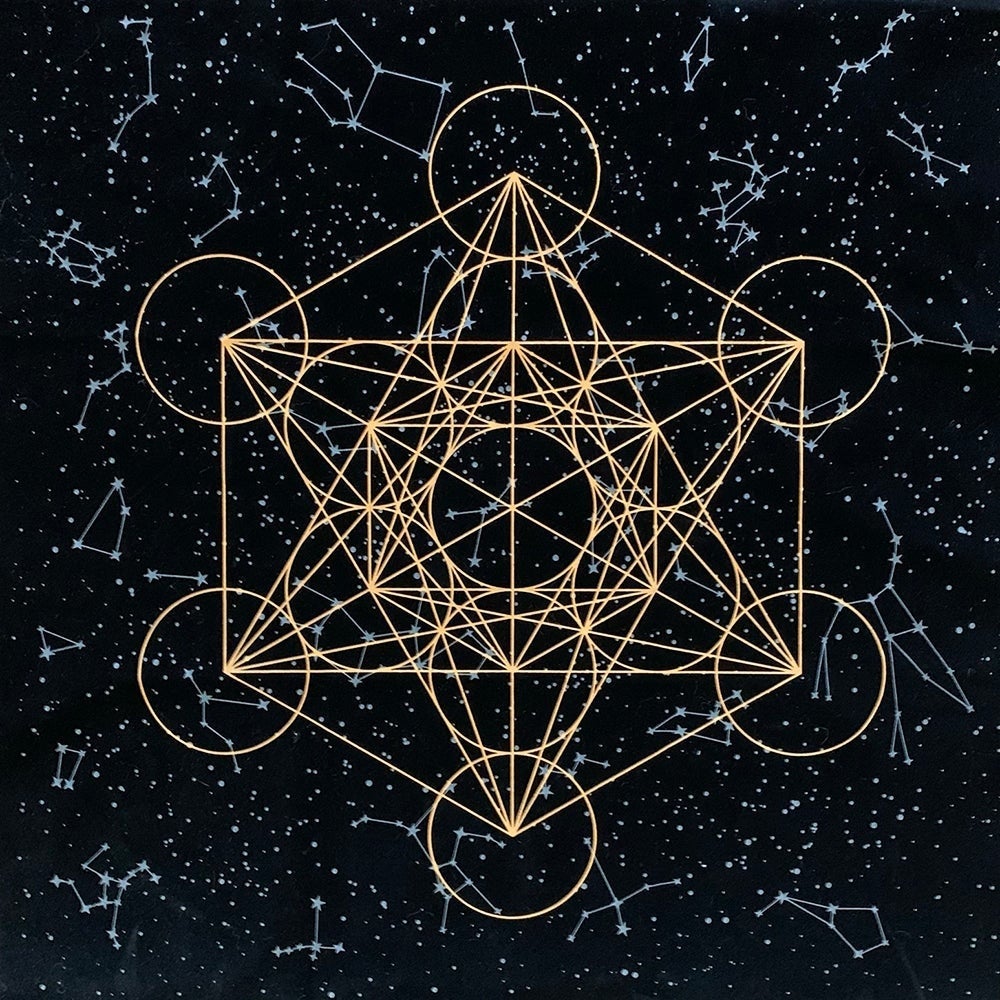 A gold star geometry pattern of circles and interlocking lines printed on black velvet scattered with constellations