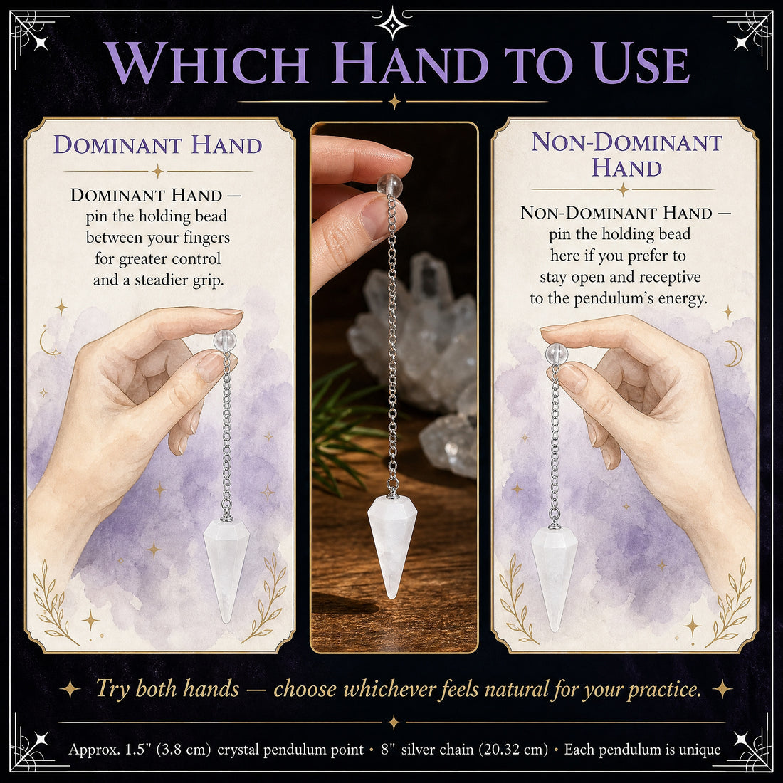 Illustrations of the pendulum held in the dominant and non-dominant hand, beside a photo of the white quartz pendulum hanging from its bead