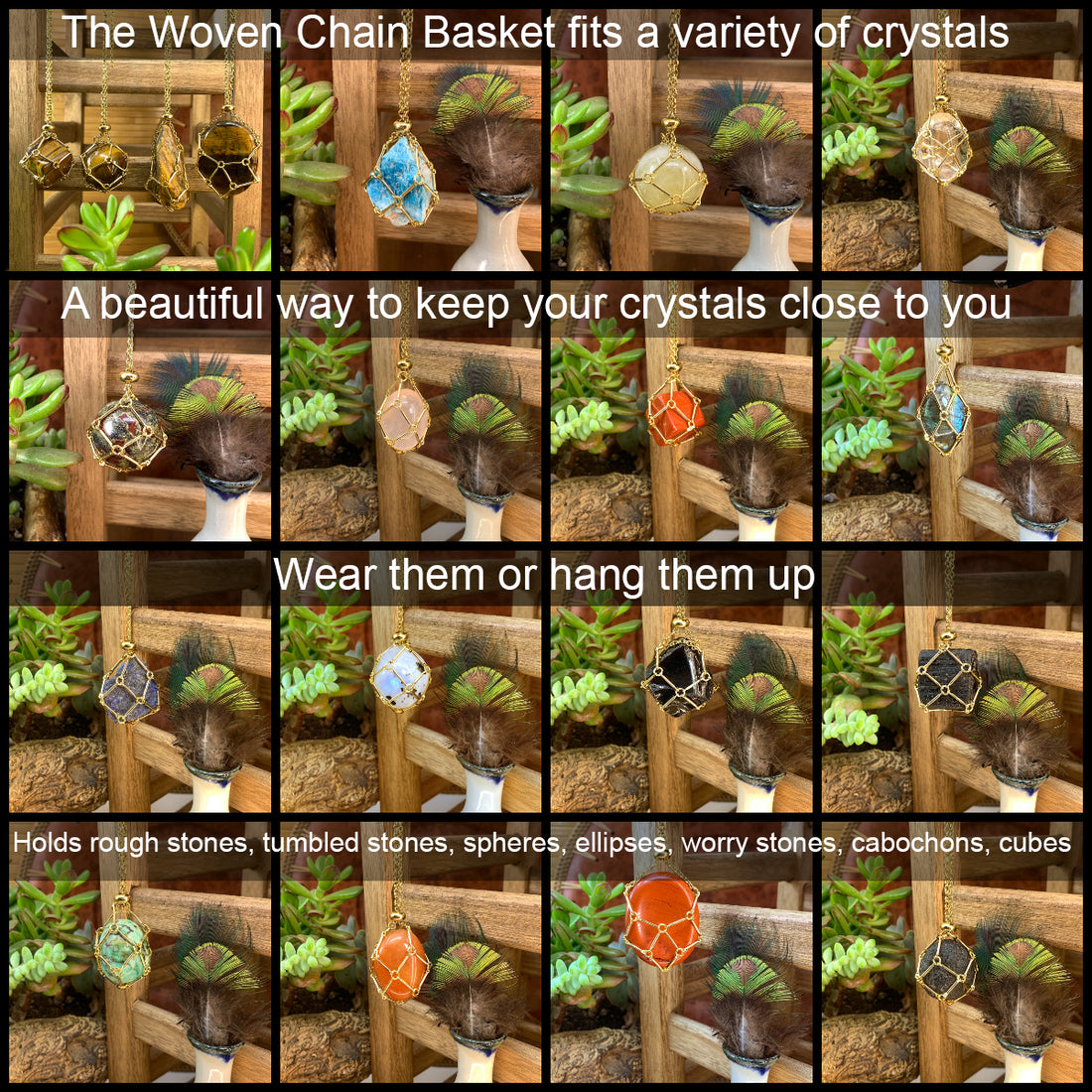 A grid of sixteen chain-basket necklaces each holding a different crystal: rough stones, tumbled stones, spheres, ellipses, cabochons and cubes