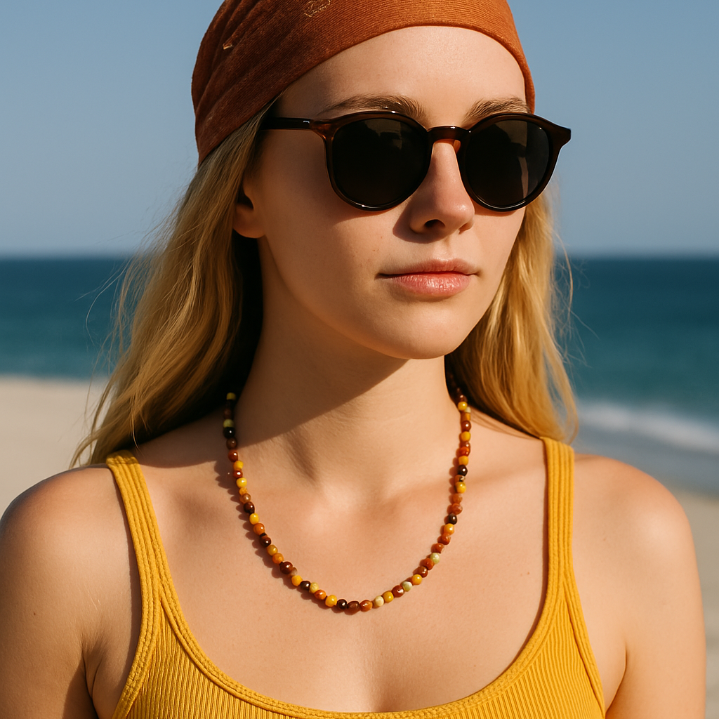 A woman in a mustard tank top and orange headscarf wearing the mookaite bead necklace on the beach