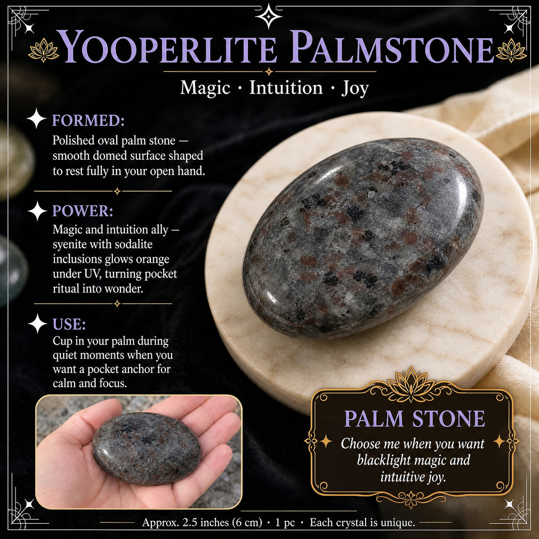 Gray speckled yooperlite palmstone on a marble coaster in daylight, with an inset of the stone resting in an open palm